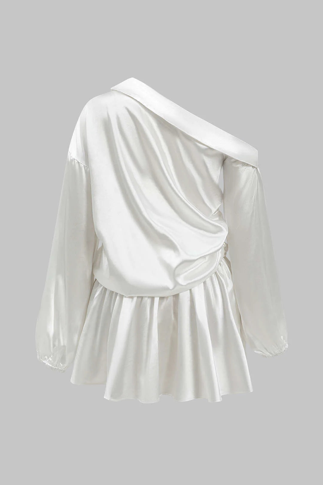 Satin ruched asymmetry long sleeve mini dress in white