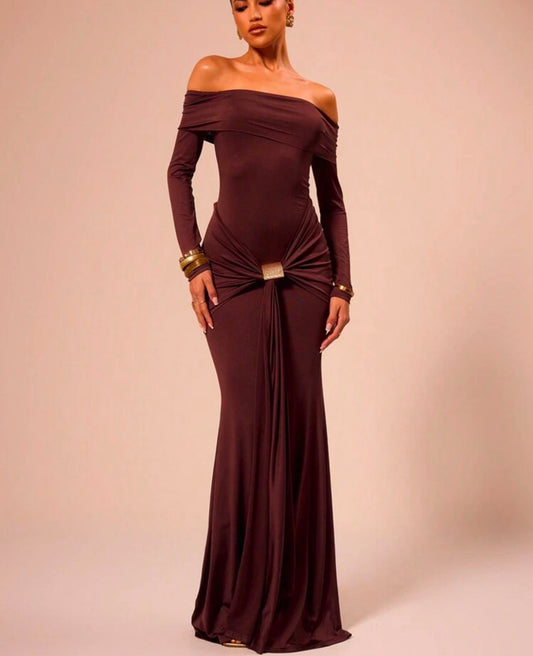 Musera off shoulder long sleeve maxi dress in coffee